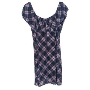 SO Y2K Plaid Puff Sleeve Mini Dress Tie Front Babydoll Cottage Grunge‎ Coquette